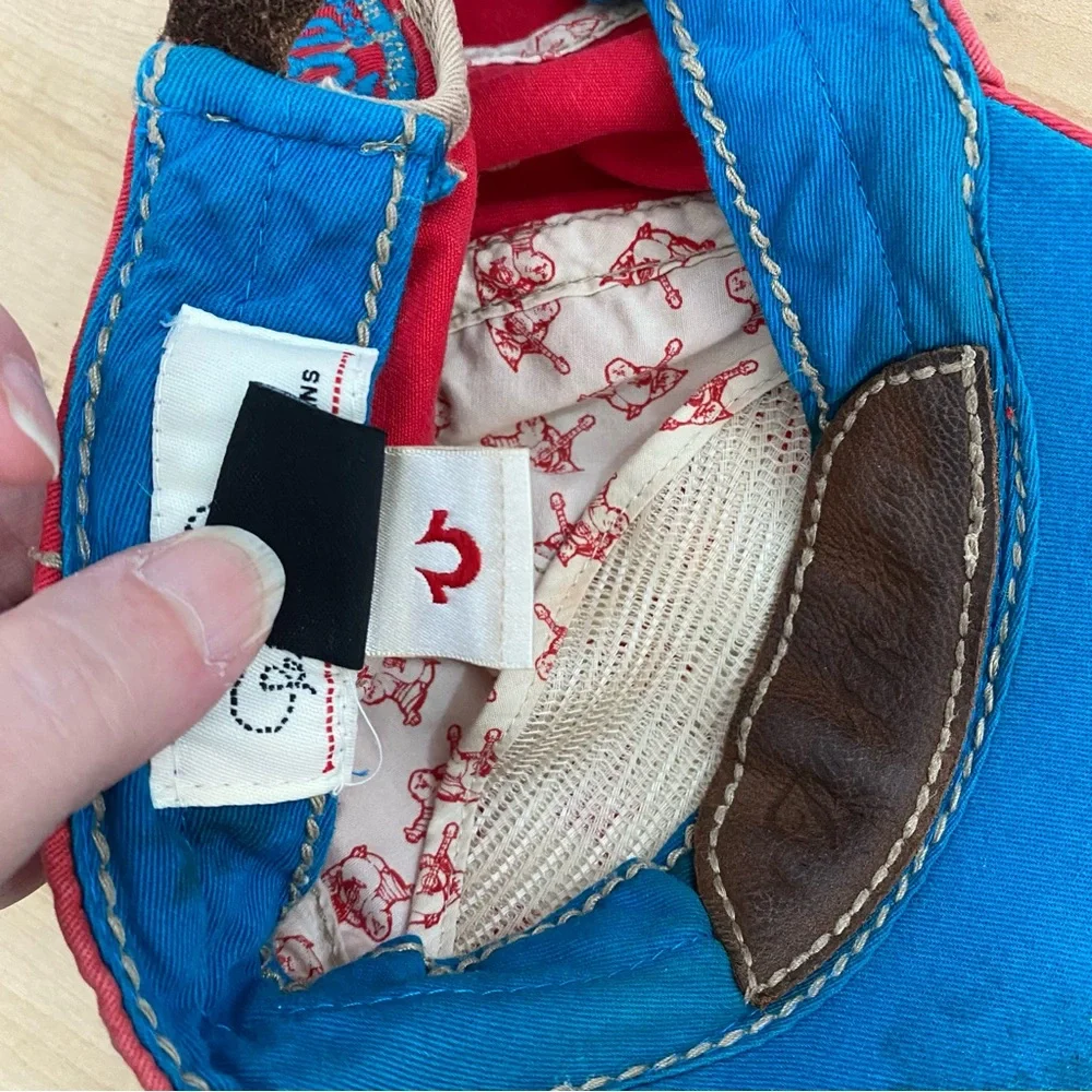 True Religion VTG The Buddha Red and Leather Distressed Hat Y2K Red Blue RARE‎